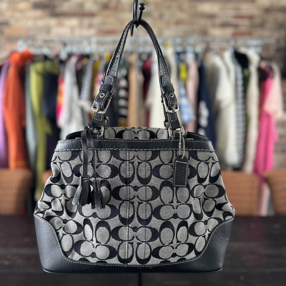 Coach Signature Carriole Gray and Black Handbag
